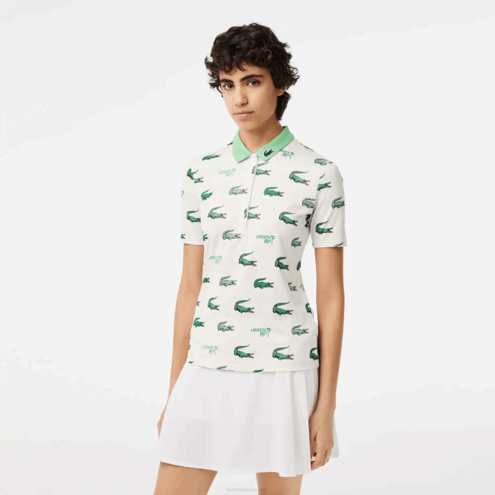 Lacoste Golf Crocodile Print Polo 646T2378 White Green 2P0 Women