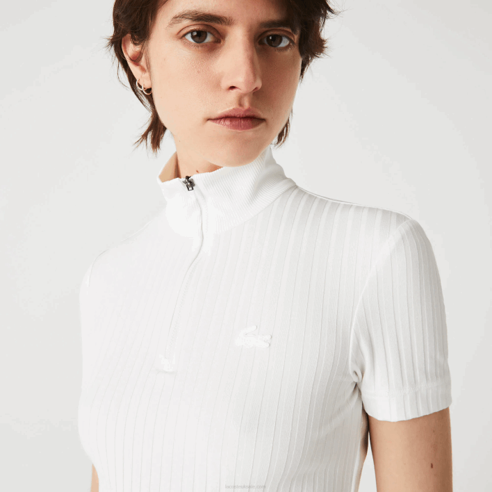 Lacoste High Zip Neck Slim Fit Ribbed Polo 646T2524 White 70V Women