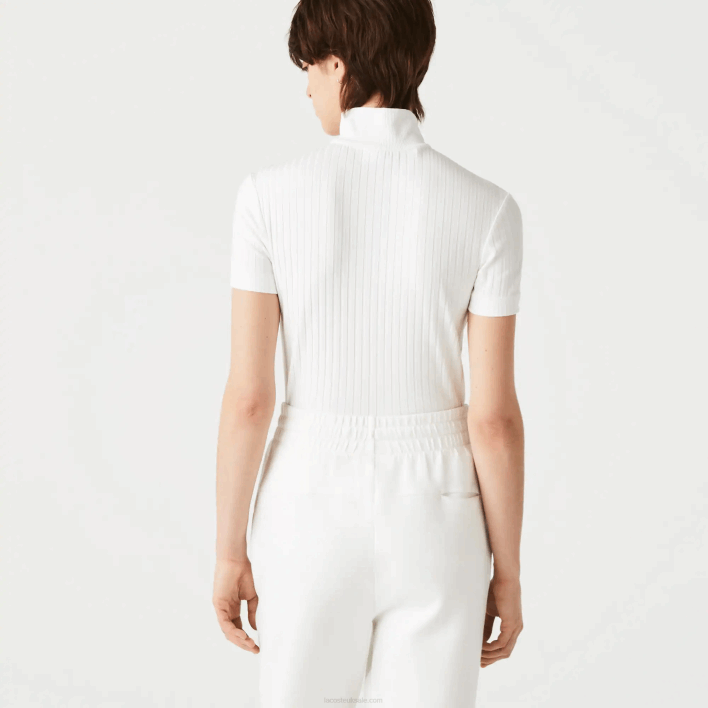 Lacoste High Zip Neck Slim Fit Ribbed Polo 646T2524 White 70V Women