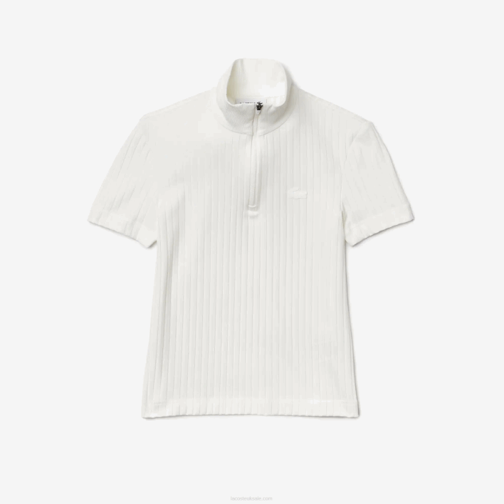 Lacoste High Zip Neck Slim Fit Ribbed Polo 646T2524 White 70V Women