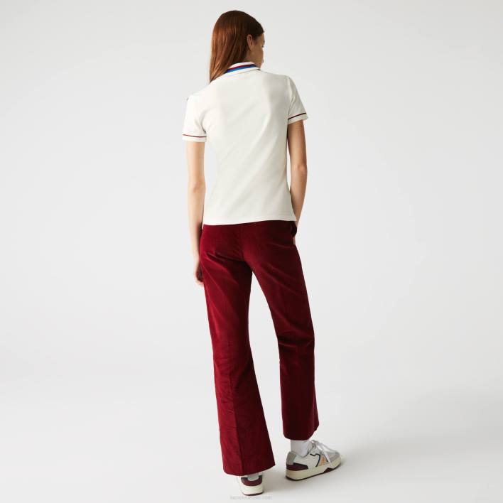 Lacoste Made In France Slim Fit Organic Cotton Pique Polo 646T2507 White Red Blue XKP Women