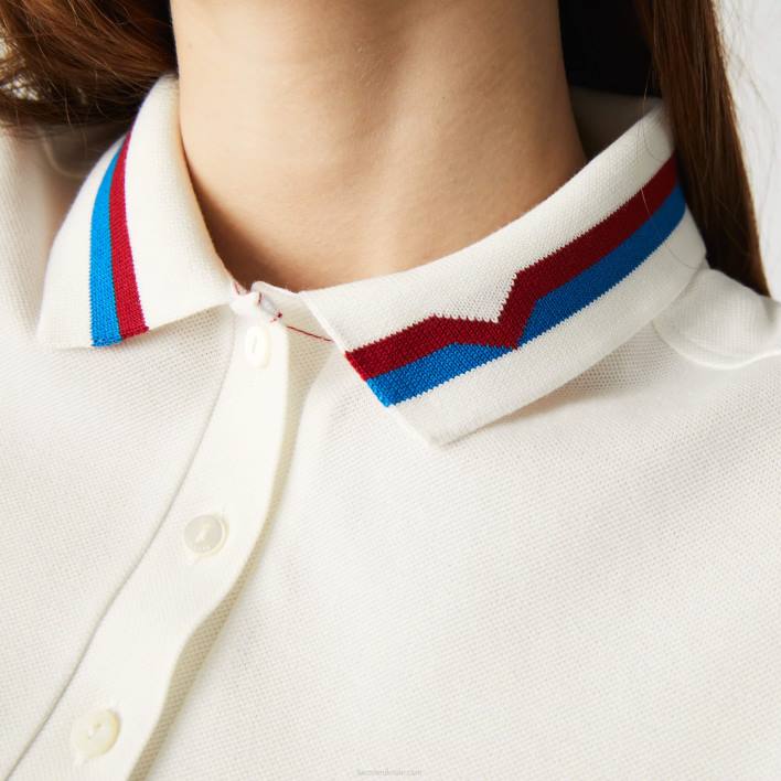 Lacoste Made In France Slim Fit Organic Cotton Pique Polo 646T2507 White Red Blue XKP Women
