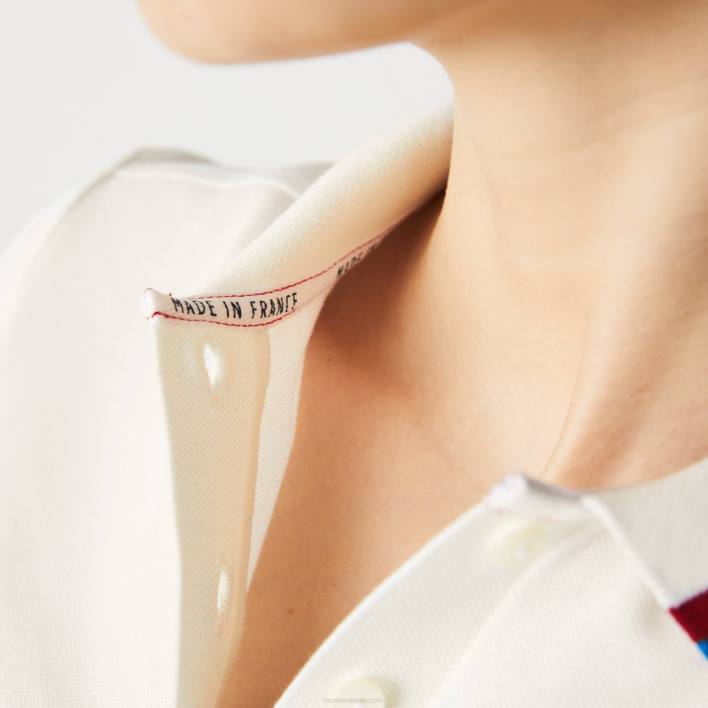Lacoste Made In France Slim Fit Organic Cotton Pique Polo 646T2507 White Red Blue XKP Women