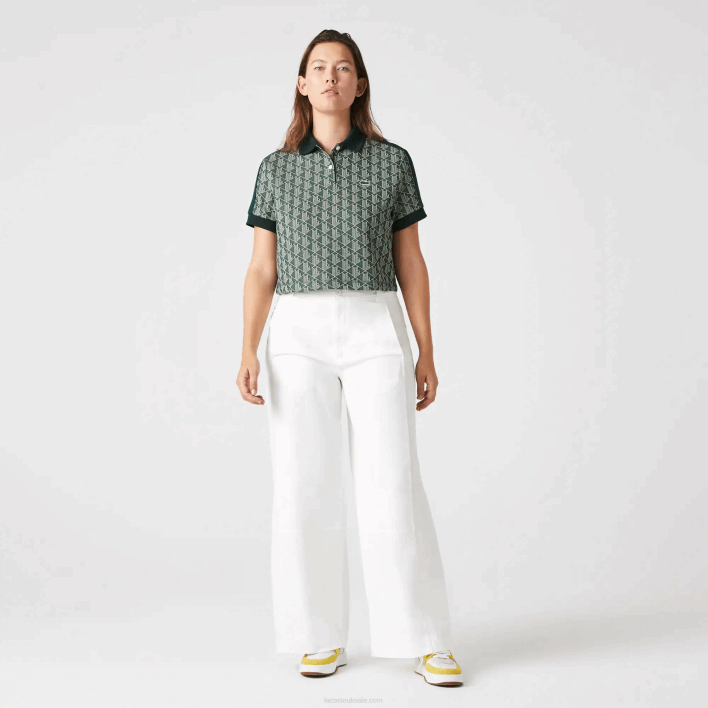 Lacoste Regular Fit Monogram Print Polo 646T2474 Green Beige 7M4 Women