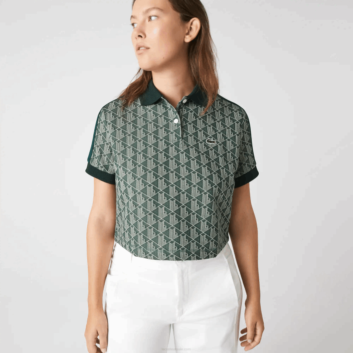 Lacoste Regular Fit Monogram Print Polo 646T2474 Green Beige 7M4 Women