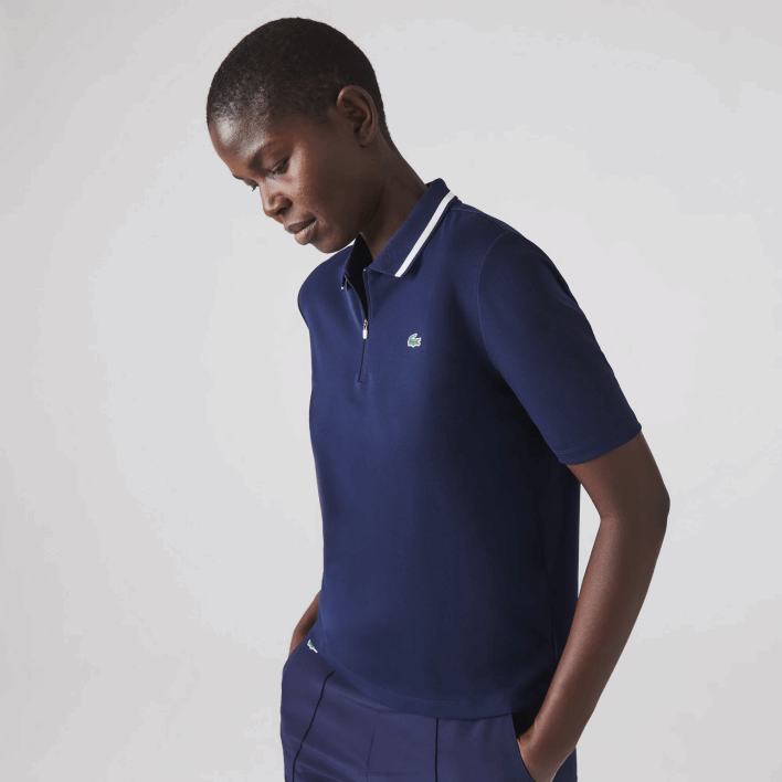 Lacoste SPORT Zip Collar Golf Polo 646T2466 Navy Blue White 525 Women