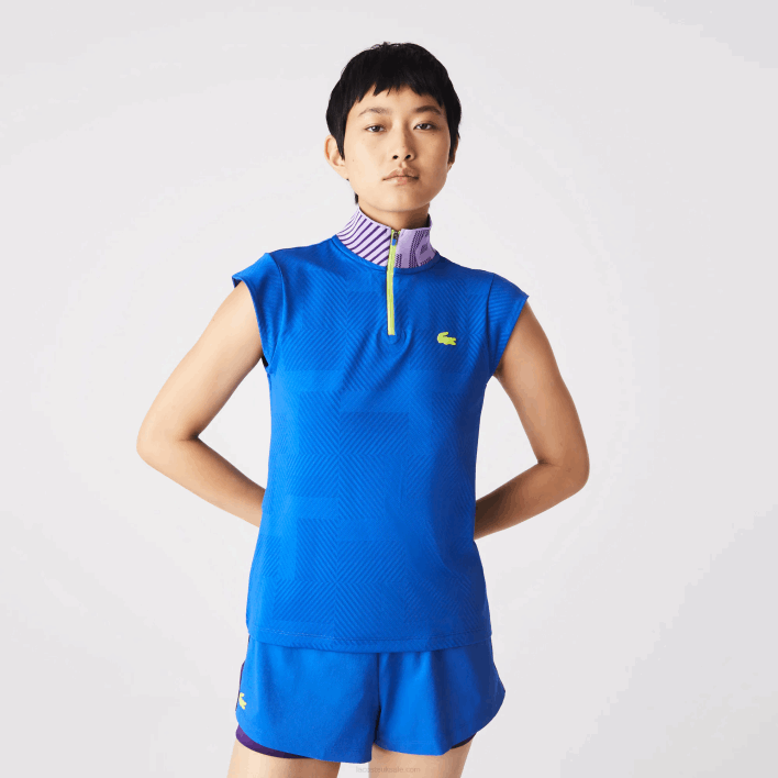 Lacoste SPORT Zip High-Neck Tennis Polo 646T2501 Blue Purple Yellow 2G4 Women