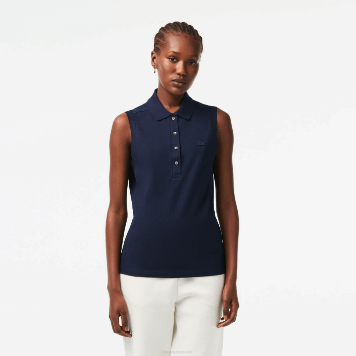 Lacoste Slim Fit Sleeveless Cotton Pique Polo Shirt 646T2498 Navy Blue 166 Women