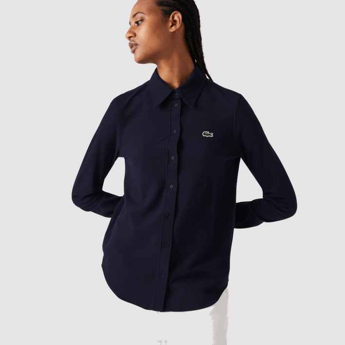 Lacoste French Collar Cotton Pique Shirt 646T2649 Navy Blue 166 Women
