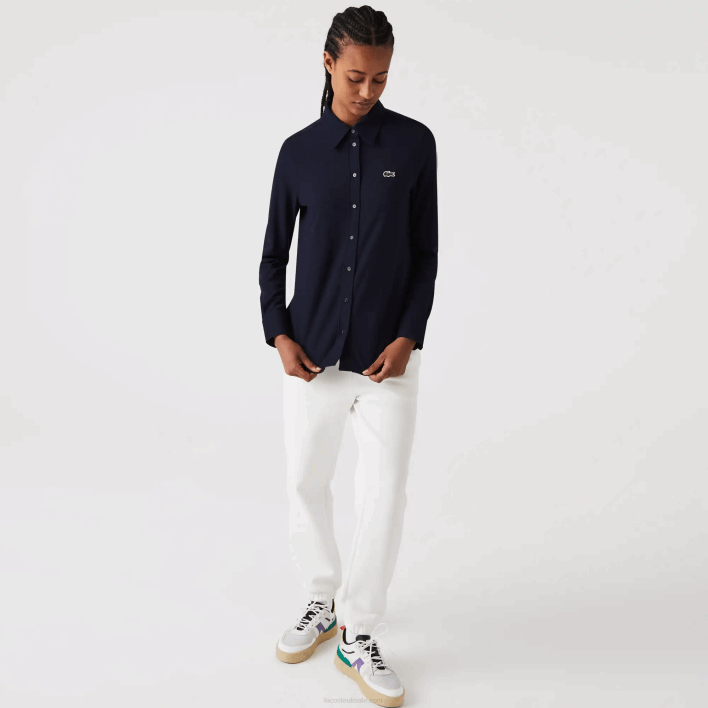 Lacoste French Collar Cotton Pique Shirt 646T2649 Navy Blue 166 Women