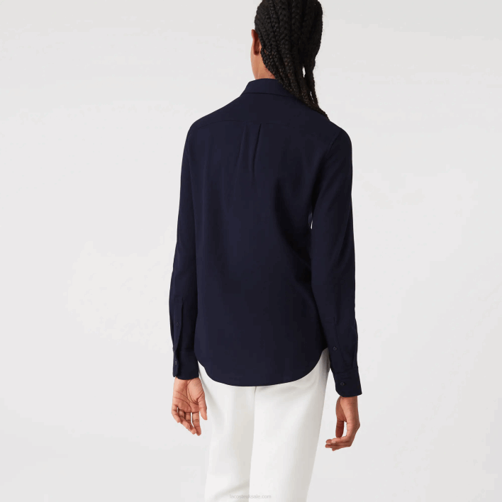 Lacoste French Collar Cotton Pique Shirt 646T2649 Navy Blue 166 Women