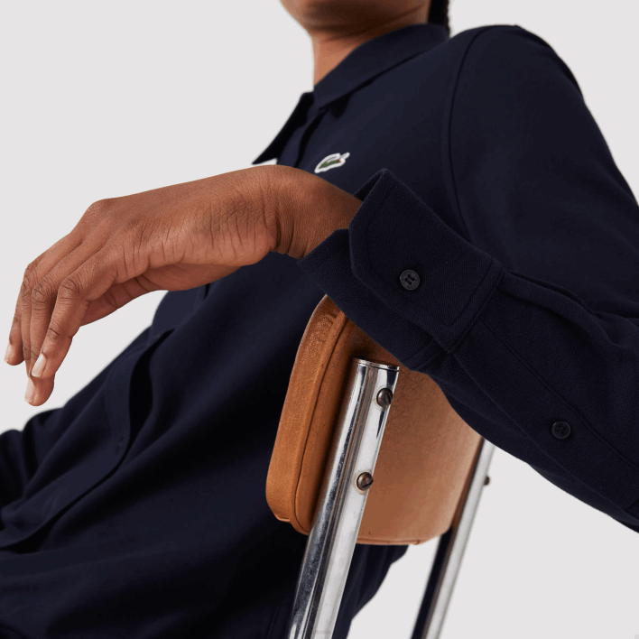 Lacoste French Collar Cotton Pique Shirt 646T2649 Navy Blue 166 Women