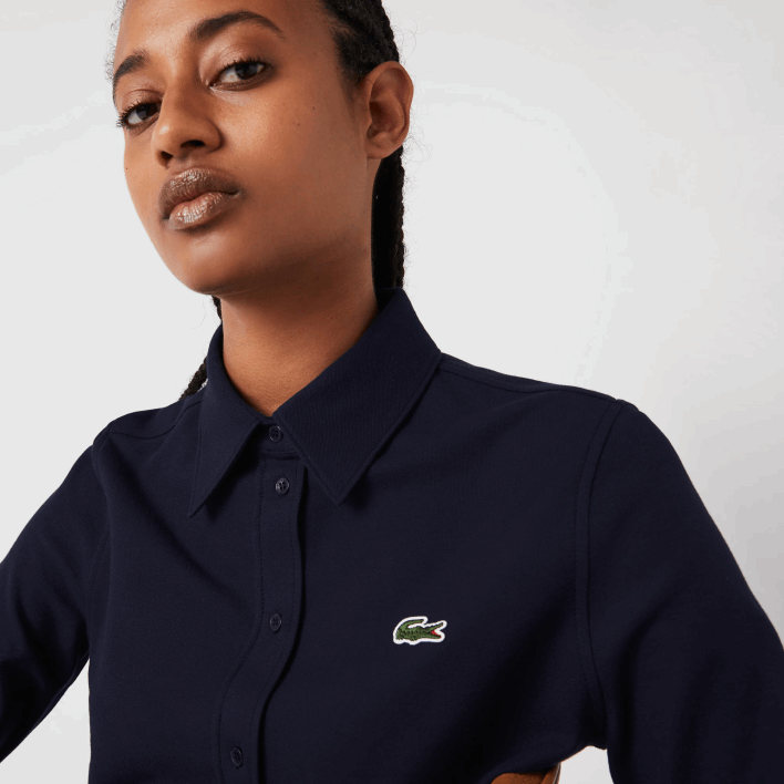 Lacoste French Collar Cotton Pique Shirt 646T2649 Navy Blue 166 Women