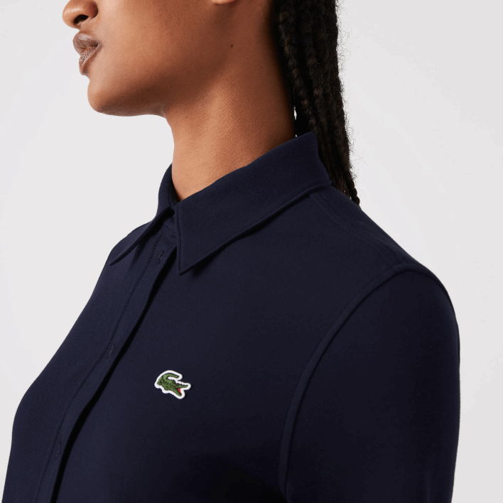 Lacoste French Collar Cotton Pique Shirt 646T2649 Navy Blue 166 Women