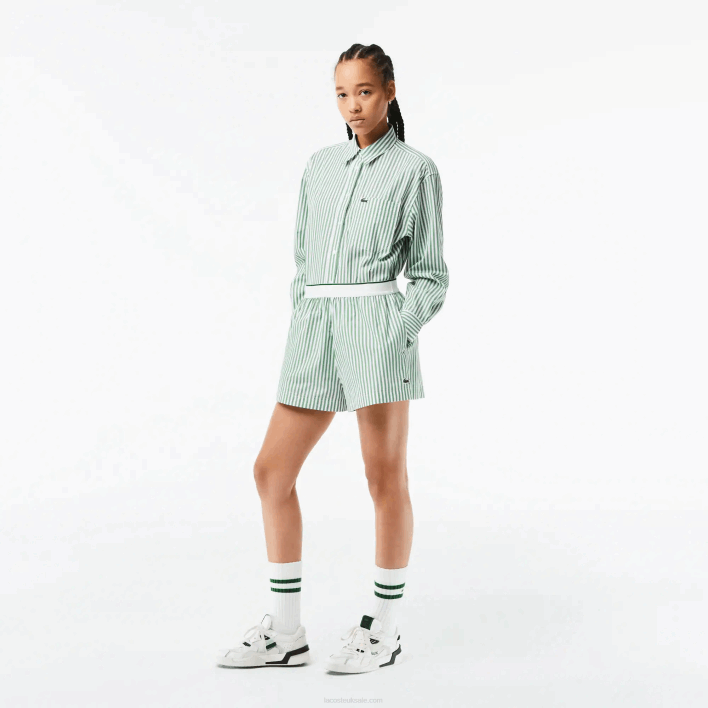 Lacoste Striped Cotton Poplin Shorts 646T2455 White Khaki Green VI4 Women