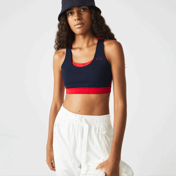 Lacoste SPORT Color-Block Recycled Polyester Sports Bra 646T2575 Navy Blue Red Green 2Q6 Women