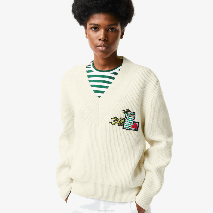 Lacoste Comic Badge V-Neck Wool Sweater 646T2642 White 70V Women