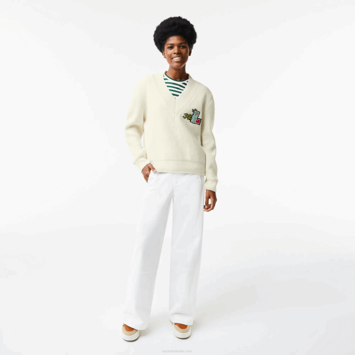 Lacoste Comic Badge V-Neck Wool Sweater 646T2642 White 70V Women