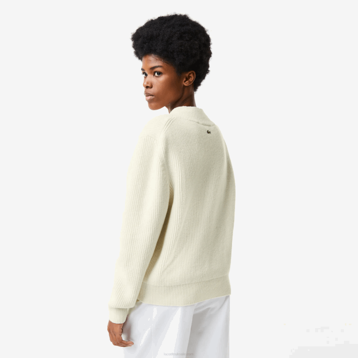 Lacoste Comic Badge V-Neck Wool Sweater 646T2642 White 70V Women