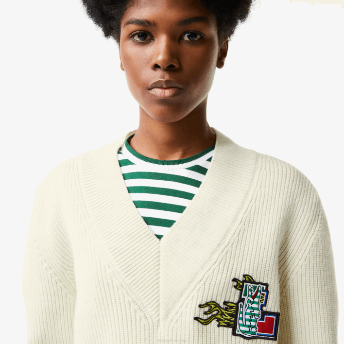 Lacoste Comic Badge V-Neck Wool Sweater 646T2642 White 70V Women