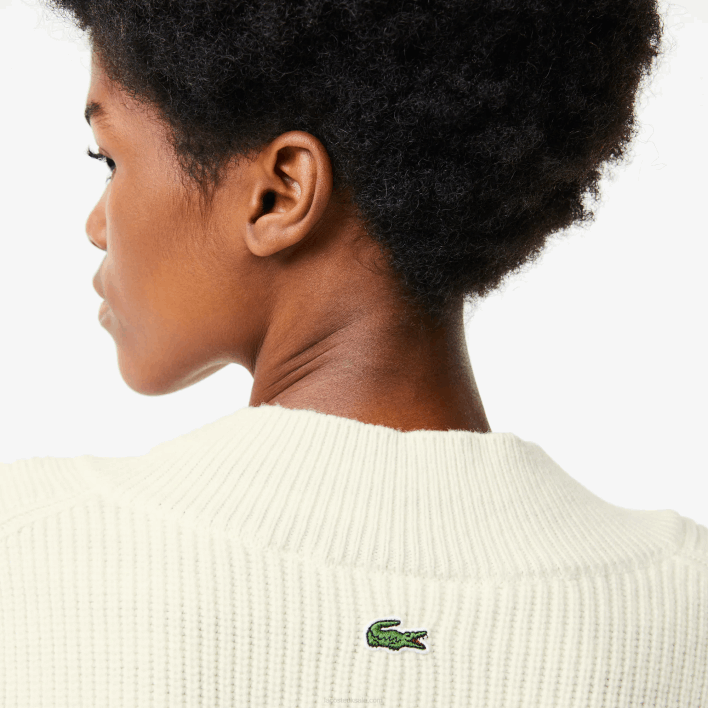 Lacoste Comic Badge V-Neck Wool Sweater 646T2642 White 70V Women