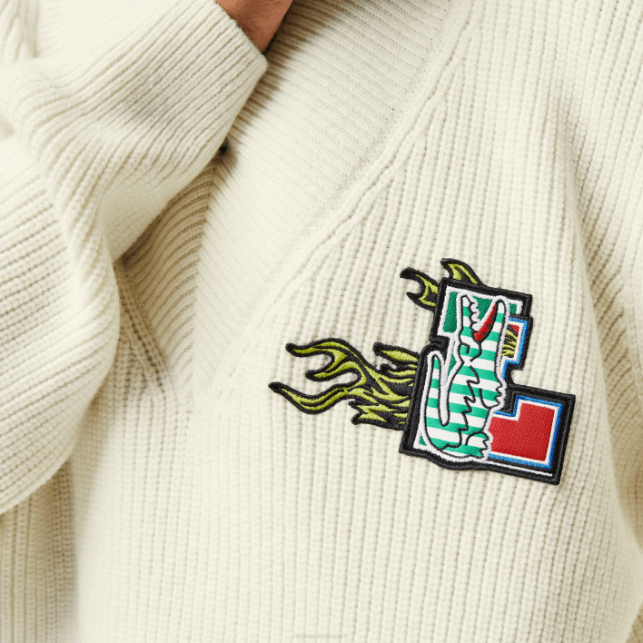Lacoste Comic Badge V-Neck Wool Sweater 646T2642 White 70V Women