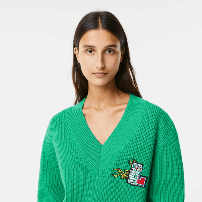 Lacoste Comic Badge V-Neck Wool Sweater 646T2643 Green LDM Women