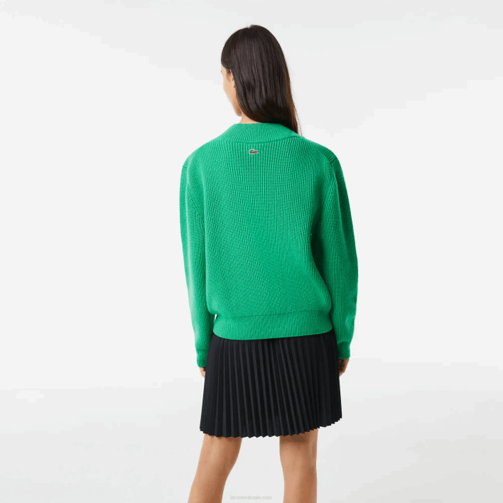 Lacoste Comic Badge V-Neck Wool Sweater 646T2643 Green LDM Women