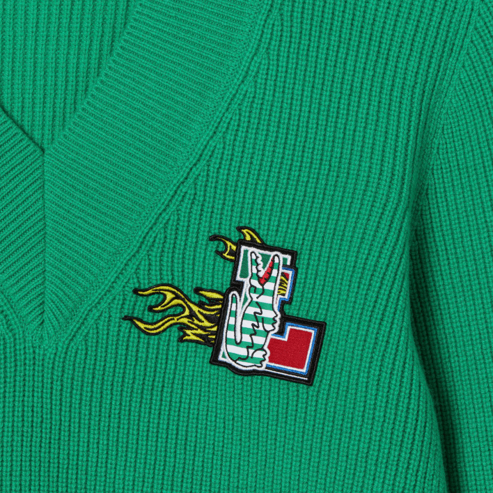 Lacoste Comic Badge V-Neck Wool Sweater 646T2643 Green LDM Women