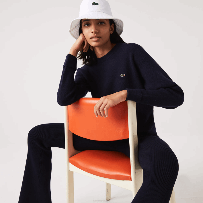 Lacoste Crew Neck Wool Sweater 646T2639 Navy Blue 166 Women