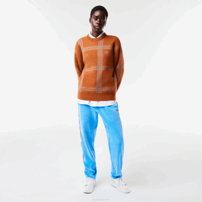 Lacoste Relaxed Fit Tartan Pattern Wool Blend Sweater 646T1426 Brown Blue Orange VN2 Women
