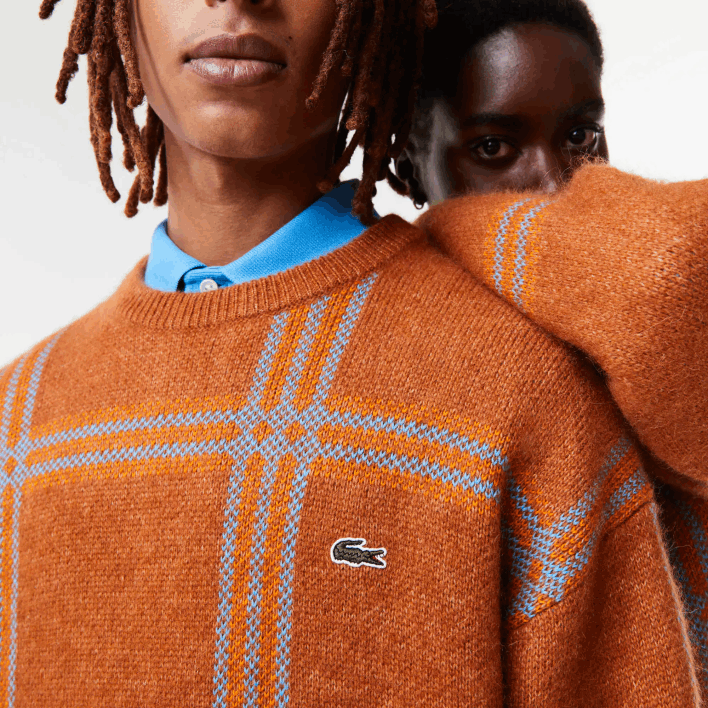 Lacoste Relaxed Fit Tartan Pattern Wool Blend Sweater 646T1426 Brown Blue Orange VN2 Women