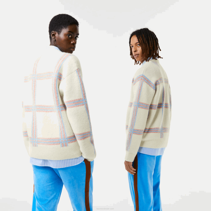 Lacoste Relaxed Fit Tartan Pattern Wool Blend Sweater 646T1427 White Red Blue 7D1 Women