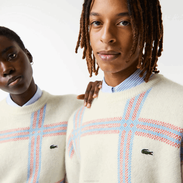 Lacoste Relaxed Fit Tartan Pattern Wool Blend Sweater 646T1427 White Red Blue 7D1 Women