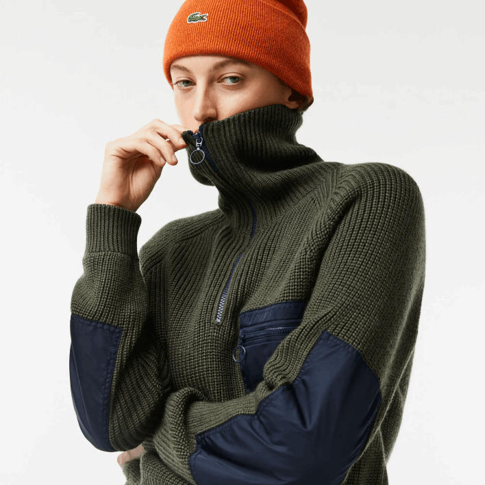 Lacoste Zip Trucker Neck Colorblock Sweater 646T2656 Khaki Green Navy Blue U74 Women