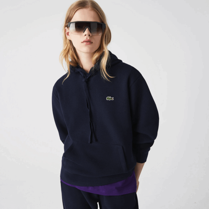Lacoste Loose Fit Hooded Cotton Blend Sweatshirt 646T2527 Navy Blue 166 Women
