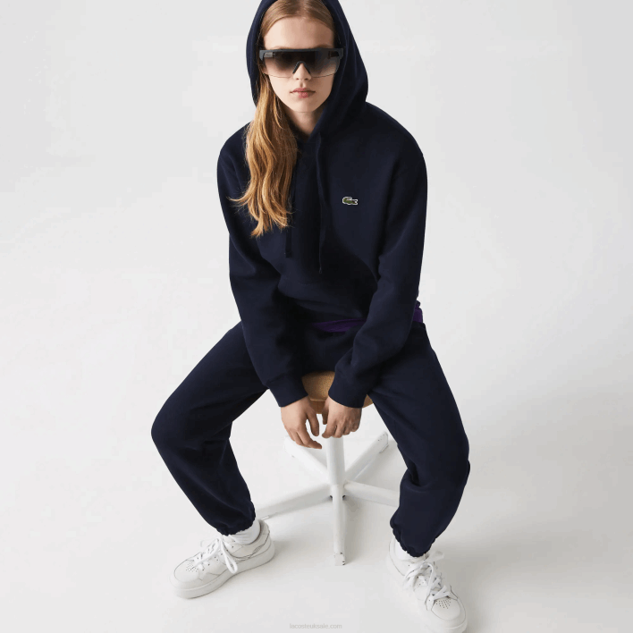 Lacoste Loose Fit Hooded Cotton Blend Sweatshirt 646T2527 Navy Blue 166 Women