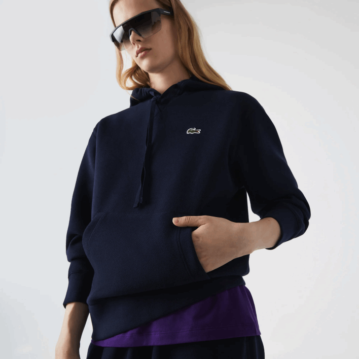 Lacoste Loose Fit Hooded Cotton Blend Sweatshirt 646T2527 Navy Blue 166 Women