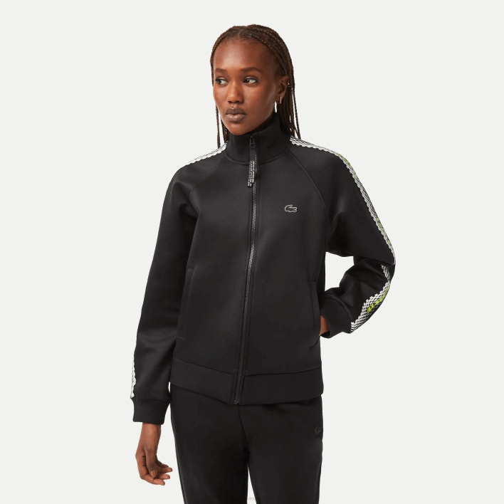 Lacoste Loose Fit Logo Stripe Zipped Sweatshirt 646T2397 Black 031 Women