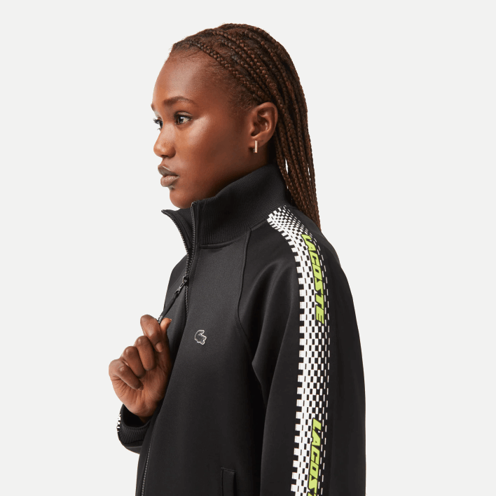 Lacoste Loose Fit Logo Stripe Zipped Sweatshirt 646T2397 Black 031 Women