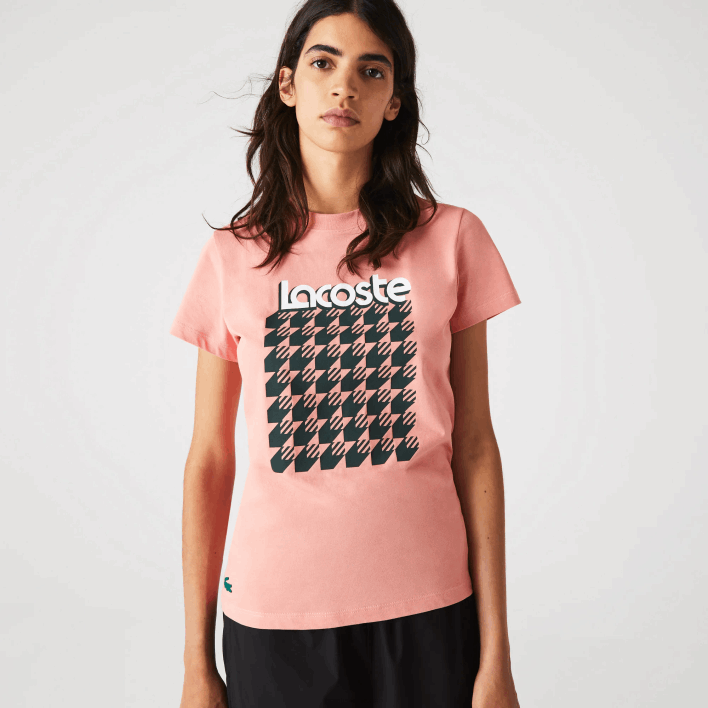 Lacoste SPORT Breathable Houndstooth Patterned T-shirt 646T2596 Pink White Green QZC Women