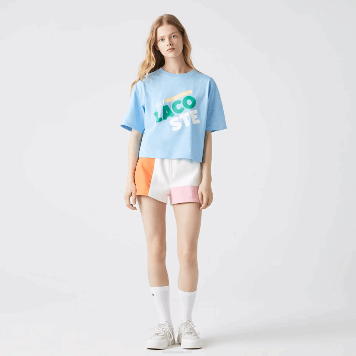 Lacoste Short Flecked Loose Fit Organic Cotton T-Shirt 646T2611 Blue HBP Women