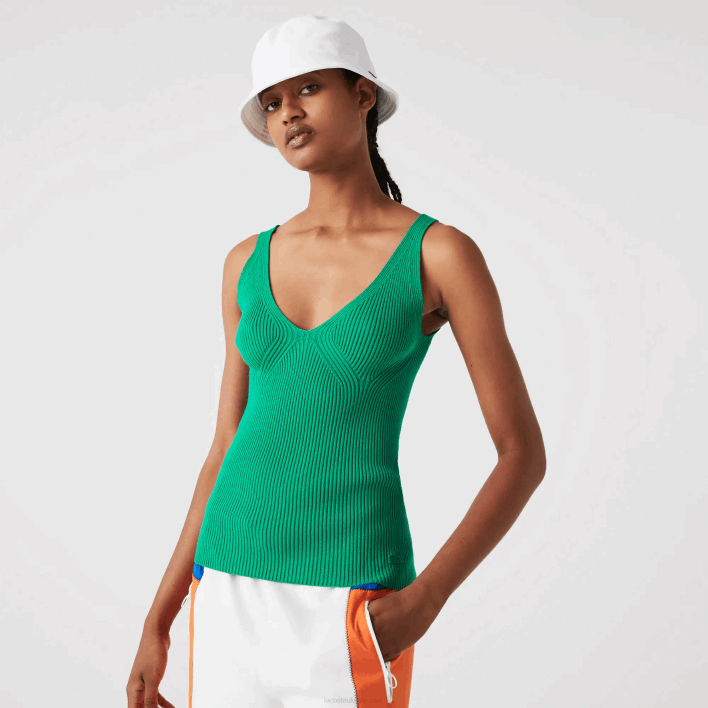 Lacoste Seamless Ribbed Knit Tank Top 646T2647 Green LDM Women